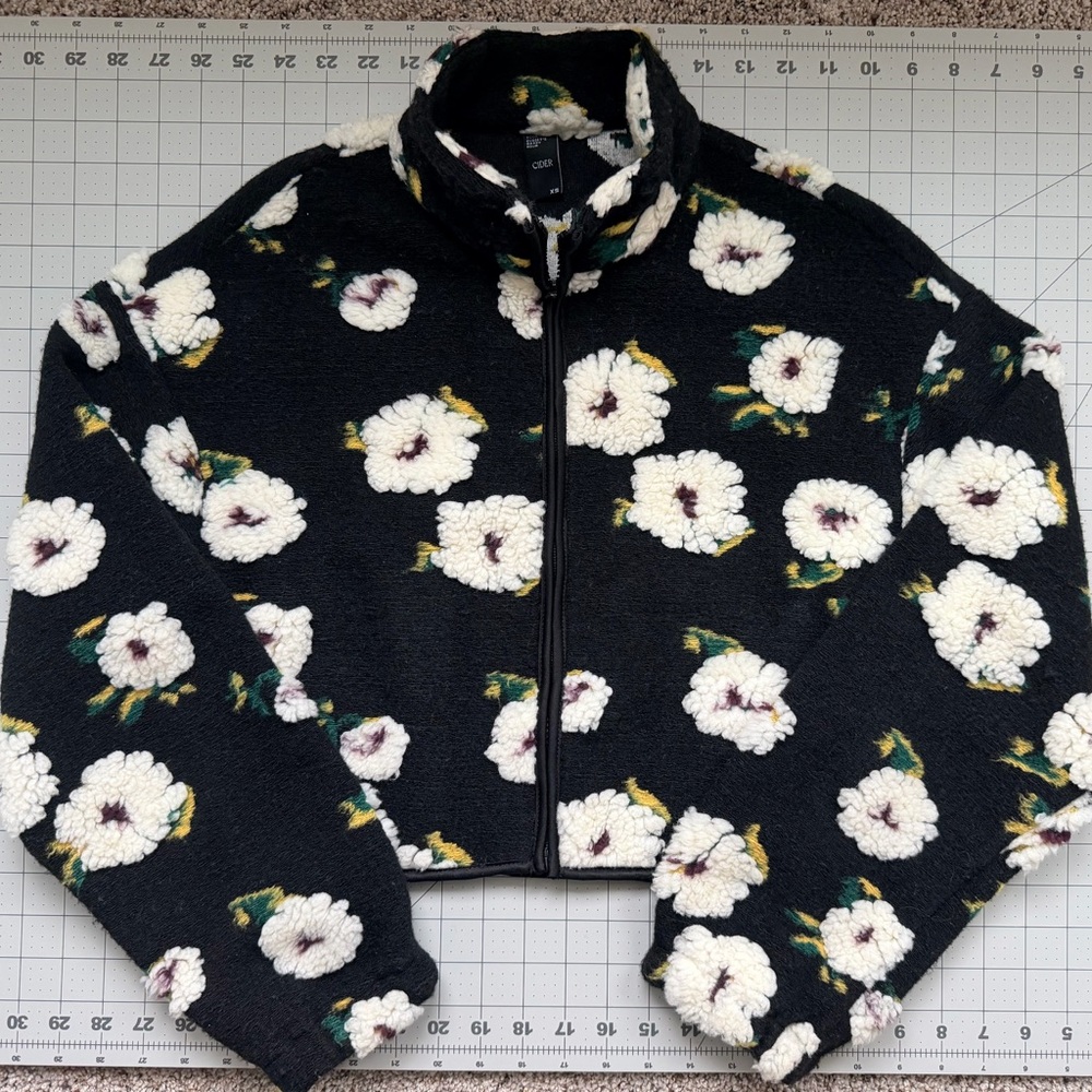 Cider Black Teddy Jacket with White Floral Pattern